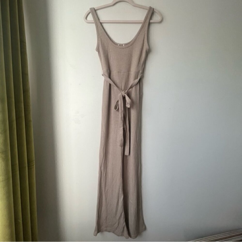 Princess Polly Callie Beige Ribbed Belted Flare Leg Jumpsuit 2